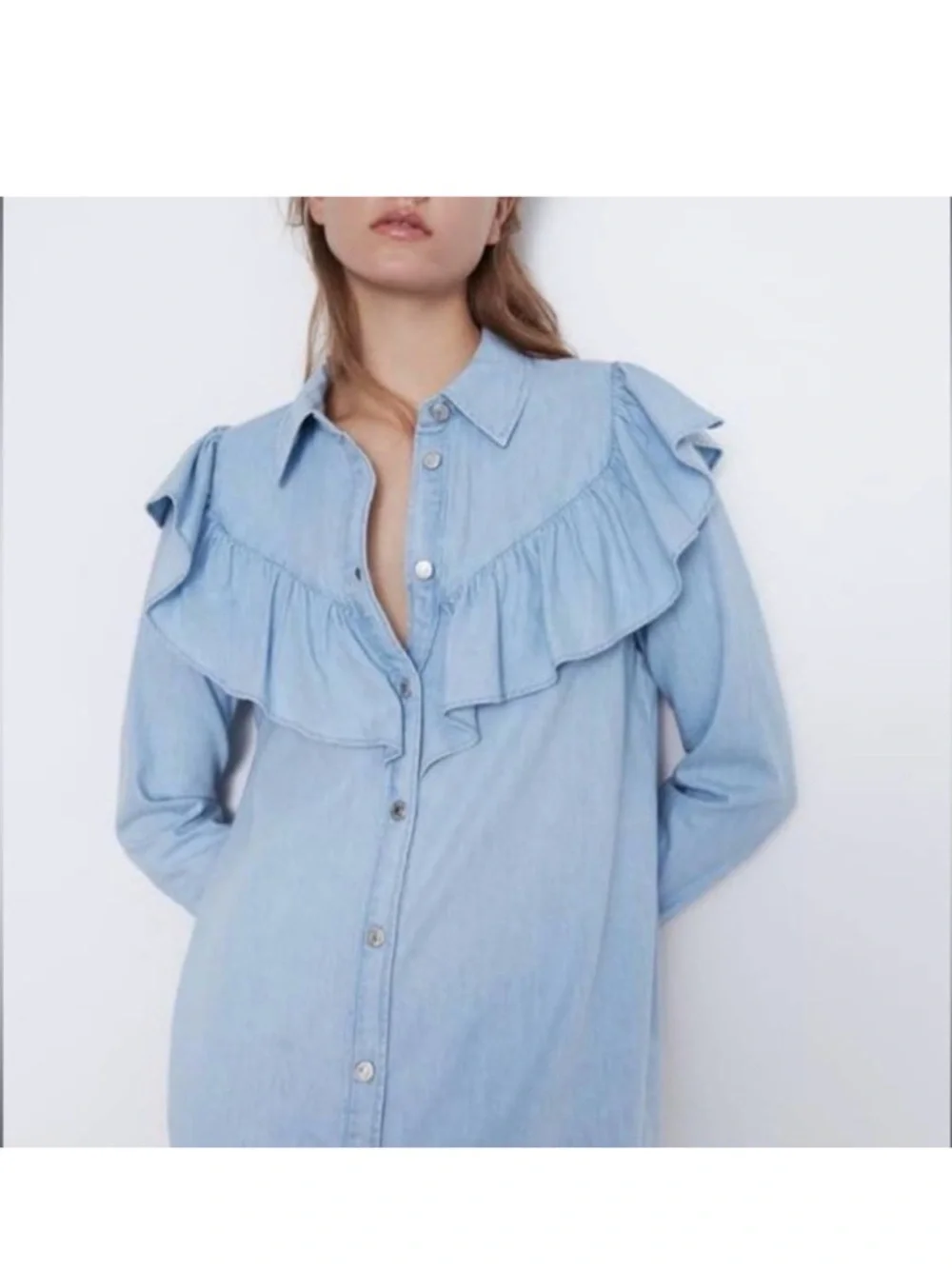 Zara Denim Button-Down Ruffle Mini Shirt Dress (Box H) - Picture 5 of 7